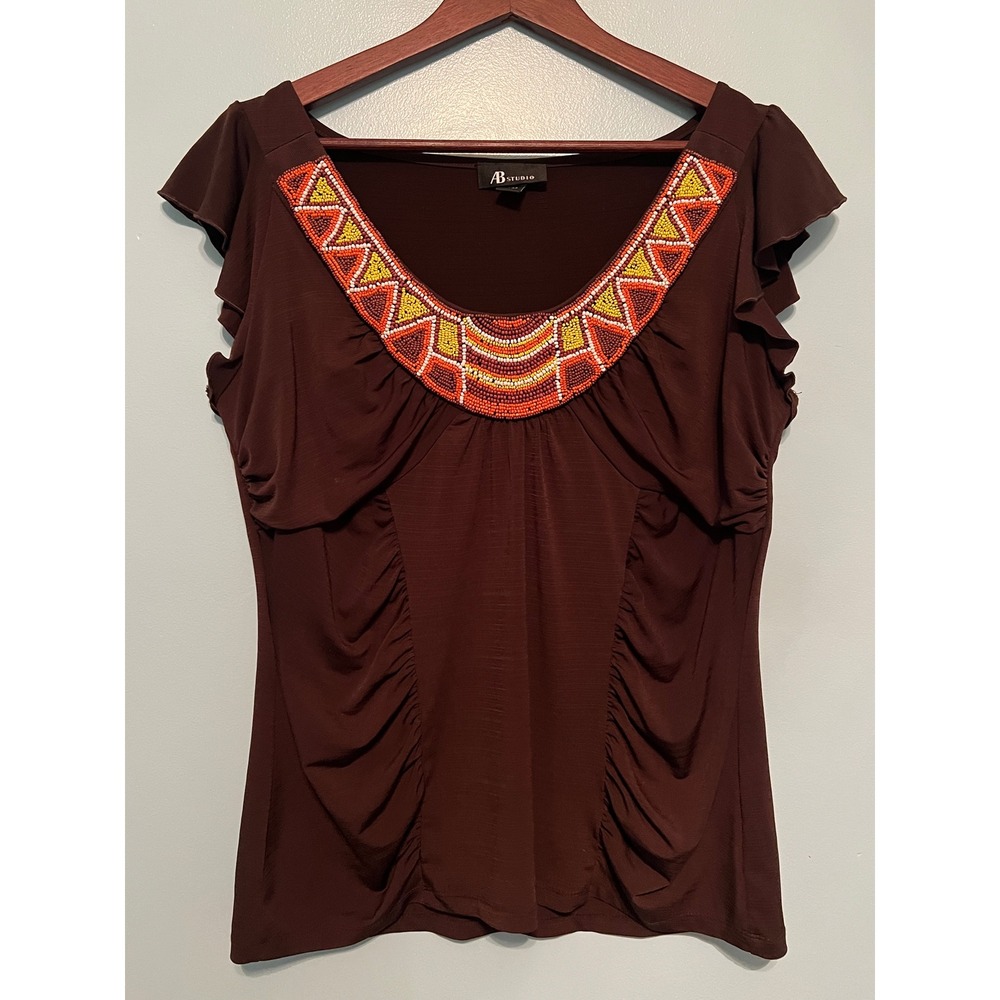 Y2K Boho Beaded Neckline Top AB Studio Brown Ruched Large